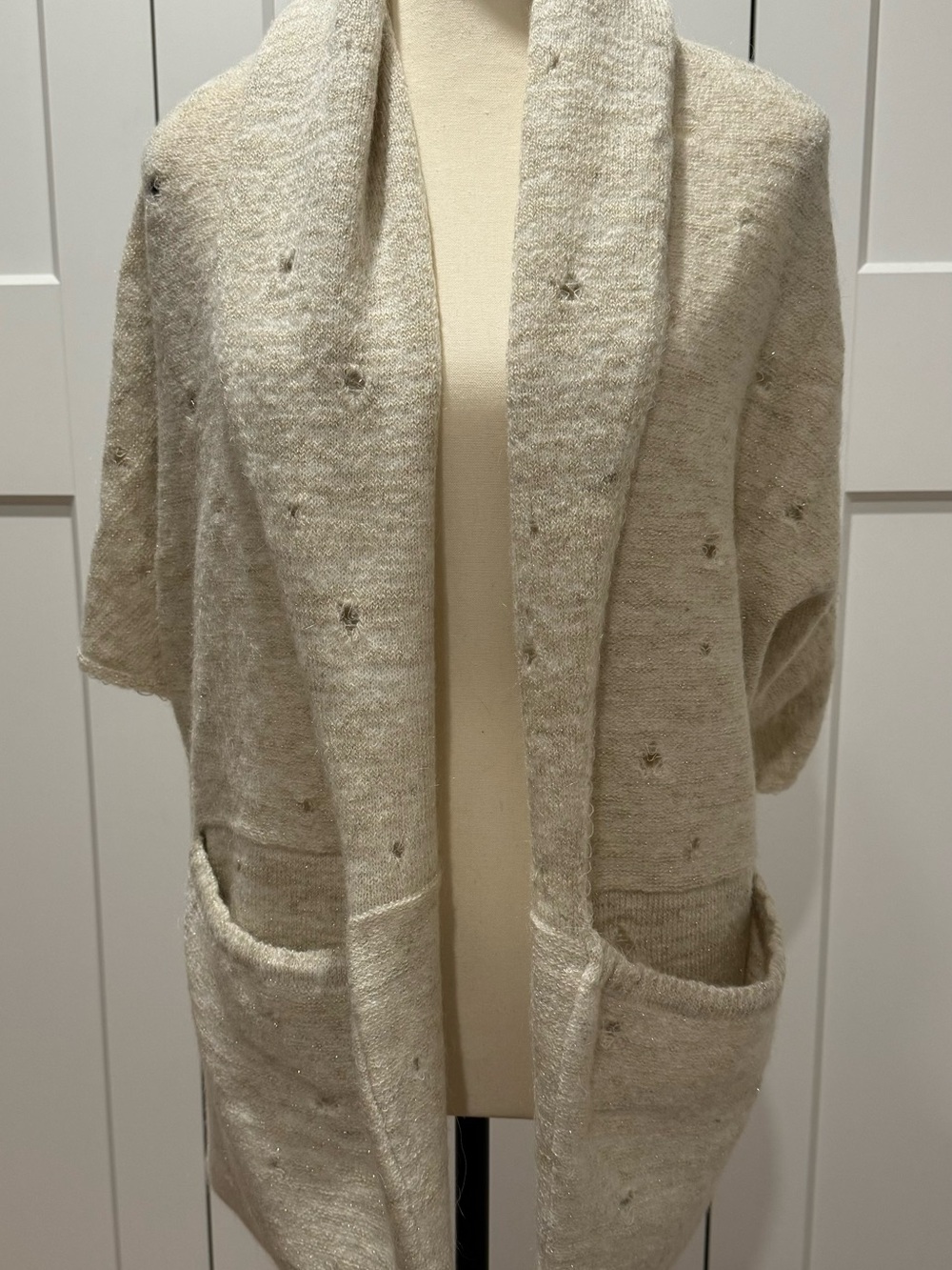 Sarah Pacini Cream Open-Front Short-Sleeve Cardigan with Pockets